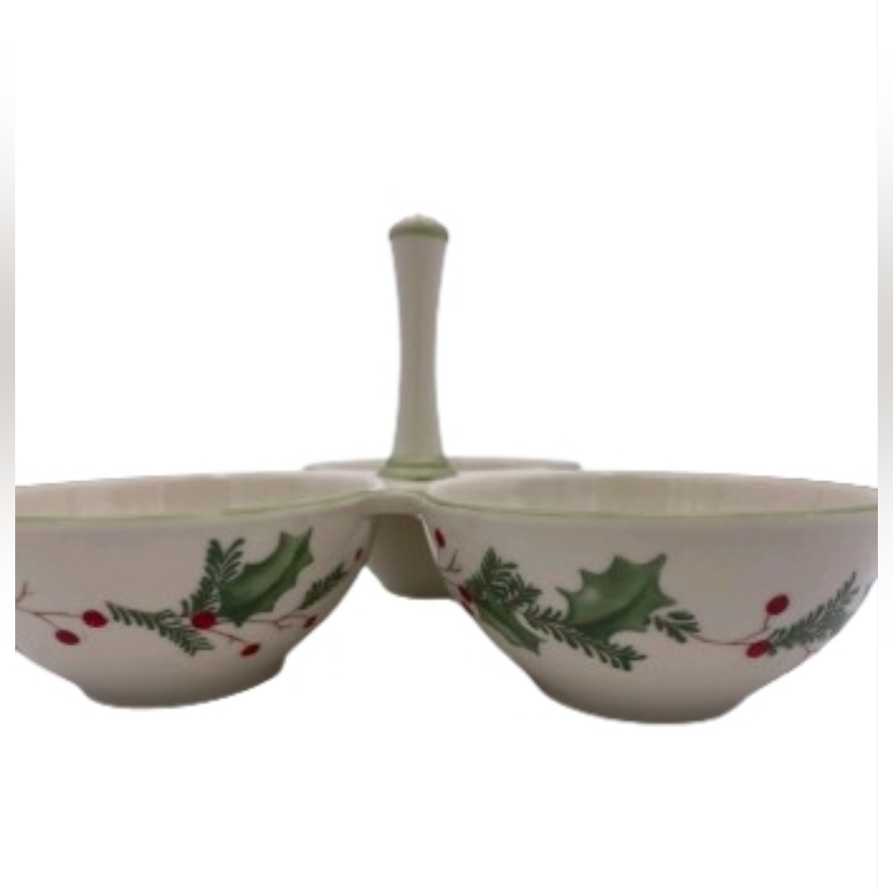 Lenox Holiday Gatherings 3 Section Condiment Server Holly Berry 9” Christmas